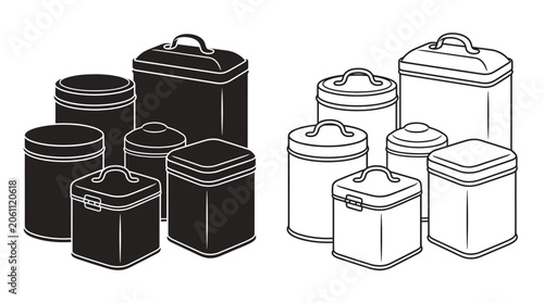 Fotografie Assorted Metal Containers Black And White Silhouette Style