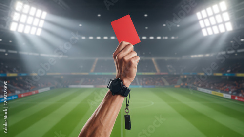 Referee holding red card on soccer field stadium.