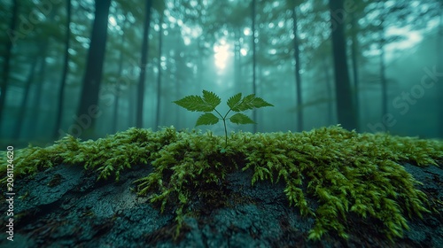 Tiny sprout grows in misty forest with hope, new life, nature, green plant, and moss.