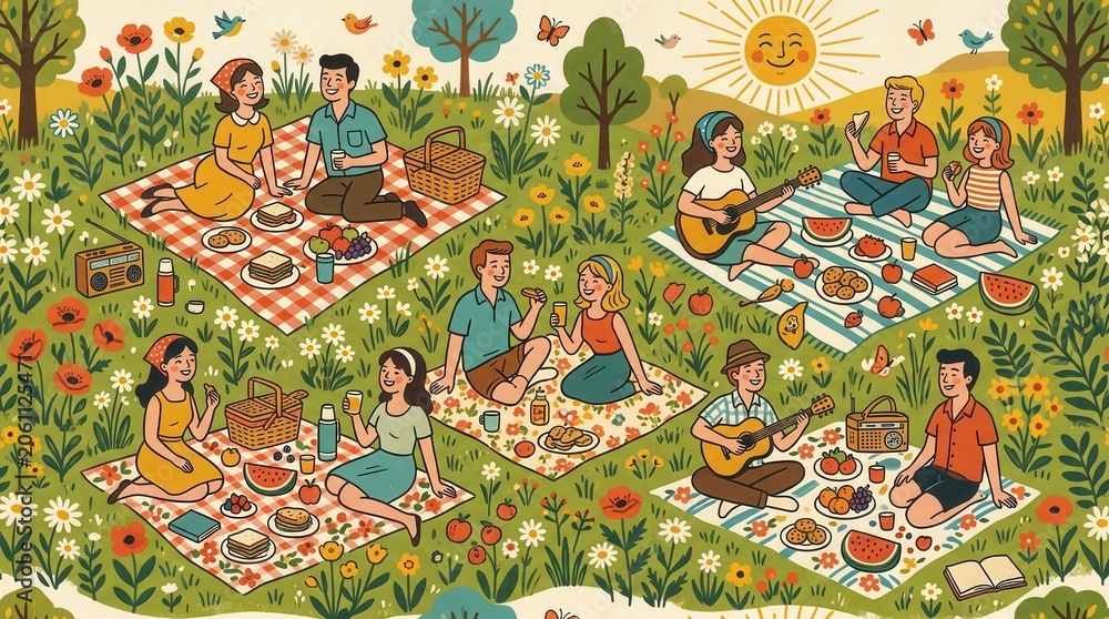 Fototapeta premium Cheerful young adults relax on blankets, enjoying food, music, and conversation in a sunny meadow