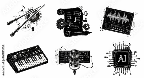 Photography Collection of illustrations representing elements of music production and artificial intelligence, including a synthesizer, drumsticks, a sound wave display, a microphone, and a CPU chip with AI