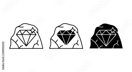 Fotografie Diamond in Rock Icons, Gemstone Mining Vector Set, Precious Stone Discovery Grap