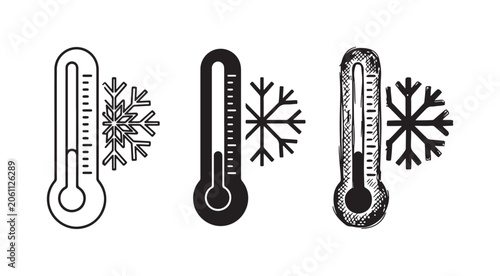 Tableau sur toile Cold Weather Thermometer Icons: Vertical Temperature Gauge with Snowflake Symbol