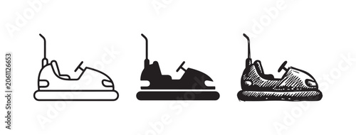 Vászonkép Set of three bumper car icons, an amusement park ride, shown in outline, solid, and hand-drawn sketch styles