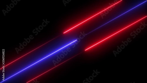 Abstract red and blue neon lines moving up seamless background with fluorescent ultraviolet glowing strokes.
