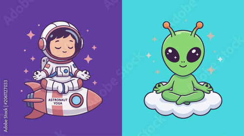 Cute Chibi Astronaut Yoga Alien Meditation Flat Vector Illustration Commercial Use
