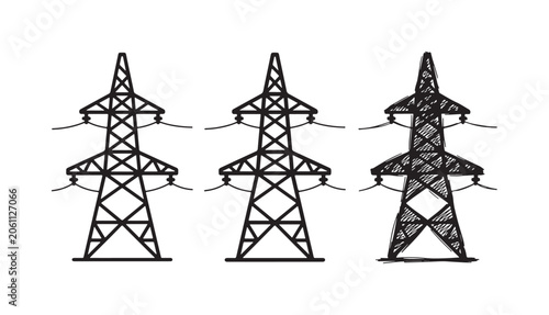 Cuadro en lienzo Set of three electricity pylon icons with horizontal cross-arms in outline, soli
