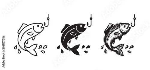Fotografija Fish on a hook icon set showing a caught fish with water splashes in outline, solid, and hand-drawn styles
