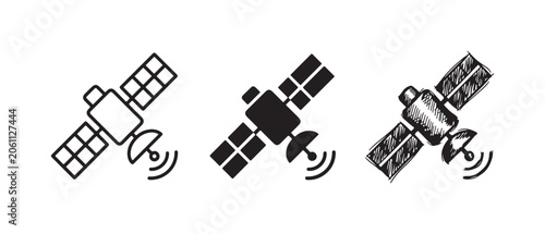 Konstfotografi Satellite broadcasting signals icon set, depicting space communication technology in outline, solid, and hand-drawn doodle styles