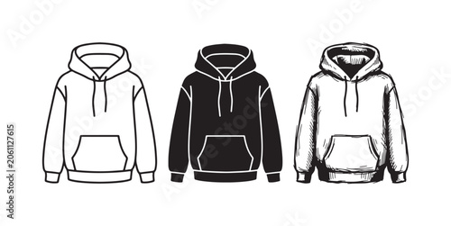 Tableau sur toile Hooded Sweatshirt (Hoodie) Icons Set with Hood Down in Outline, Solid, and Hand-