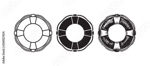 Obraz na plátne Lifebuoy or life preserver icon set with rope detail, ready for rescue, depicted in outline, solid, and hand-drawn sketch styles