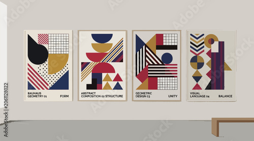 Set of Four Vertical Abstract Bauhaus Posters Geometric Design Vector Illustration Commercial Use