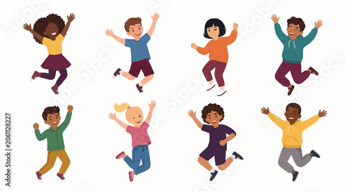 Diverse Happy Children Jumping Flat Vector Illustration Collection For Commercial Use