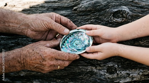 Elderly and child hands holding iridescent abalone shell over wood