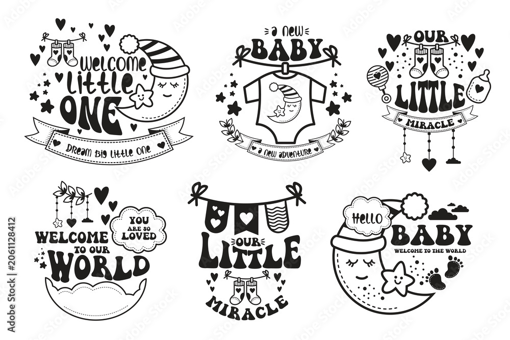 Fototapeta premium Vector illustration set of cute baby welcome quotes featuring moon, stars, hearts, and nursery decorations. Perfect for sublimation, baby shower, and newborn celebration designs.