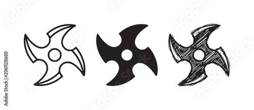Foto Four-pointed shuriken (ninja star) icon in outline, solid, and sketchy styles