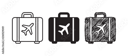 Принти на полотні Travel luggage icons set with an airplane on a suitcase, presented in outline, solid, and sketch variations