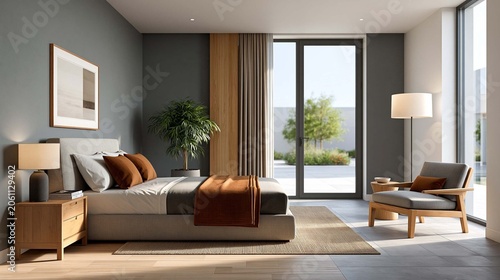 realistic cozy bedroom design featuring wooden flooring, neutral bedding and elegant ambient lighting