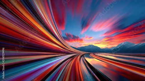 Dynamic light streaks converge toward distant mountain peaks during a vivid sunset