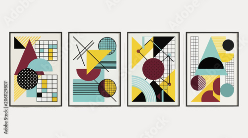 Set of Four Vertical Abstract Bauhaus Posters Flat Graphic Design Vector Illustration Commercial Use