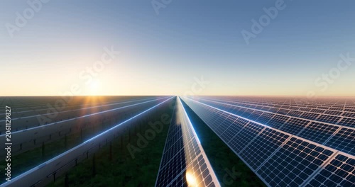 3D looping footage solar panel farm featuring photovoltaic arrays, renewable energy generation and utility-scale power production. Futuristic light trail overlay symbolizes electricity flow.
