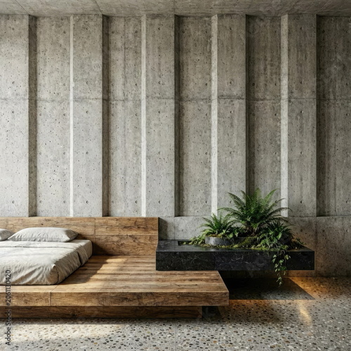 Minimalist brutalist bedroom with wooden platform and negative space
