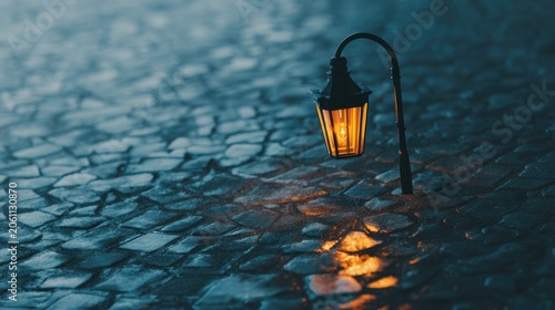 Illuminated antique street lantern casts a warm glow upon wet cobblestones at twilight