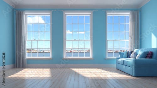 Interior room with bright blue walls and three large windows overlooking a harbor scene