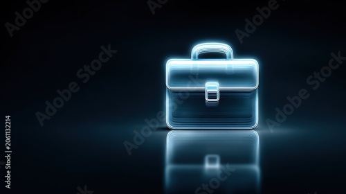 Glowing digital briefcase icon illuminates a dark reflective surface with ample copy space