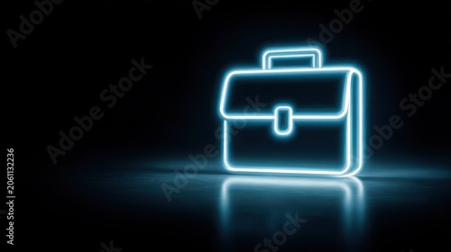 Glowing blue neon outline of a brief case rests on a dark reflective surface