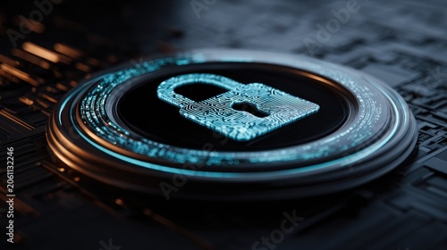 Illuminated digital padlock icon glows brightly on a complex electronic circuit background.