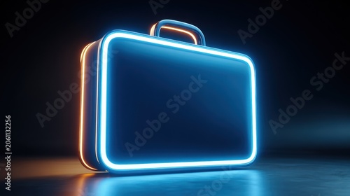 Stylized briefcases glows with bright neon illumination against a dark background