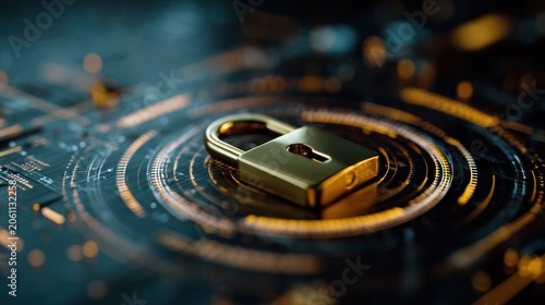Metallic padlock rests upon a dark technological surface with glowing digital rings