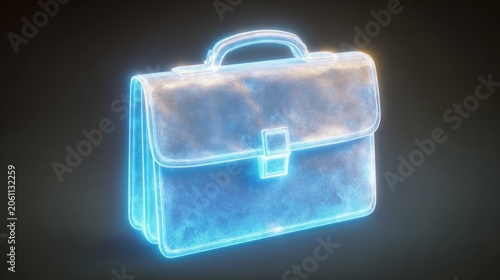 Glowing blue digital briefcase illustration hovers against a dark background