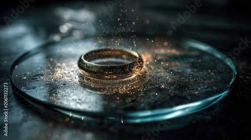 Metallic band rests upon a reflective circular surface amidst shimmering golden particles.