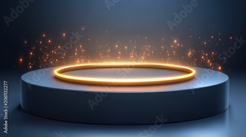Glowing golden ring illuminates the surface of a dark cylindrical presentation stage