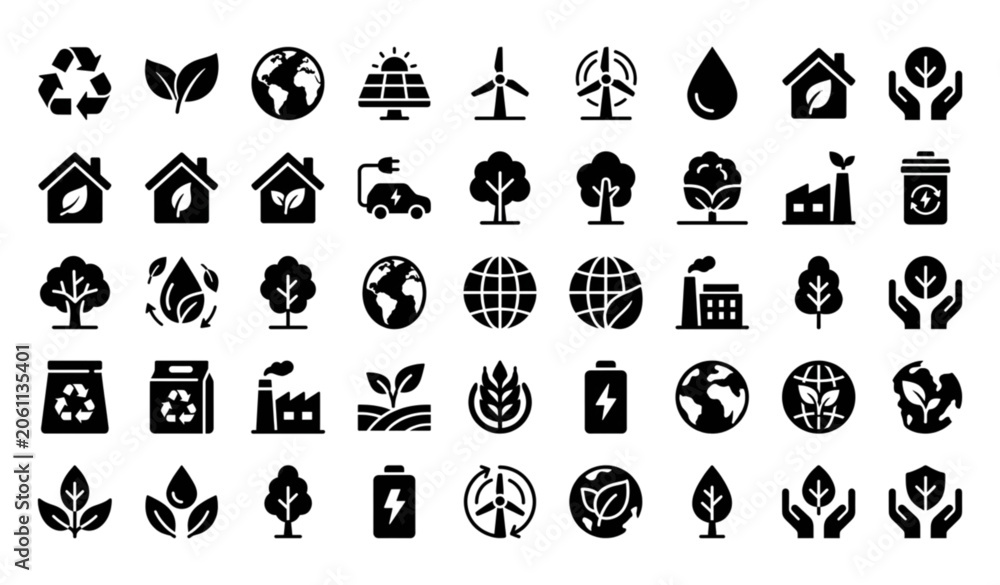 Fototapeta premium Premium ecology and recycle themed glyph solid icon set rendered in sophisticated monochrome black vector style, featuring bold filled environmental symbols such as recycling arrows, earth globes, eco