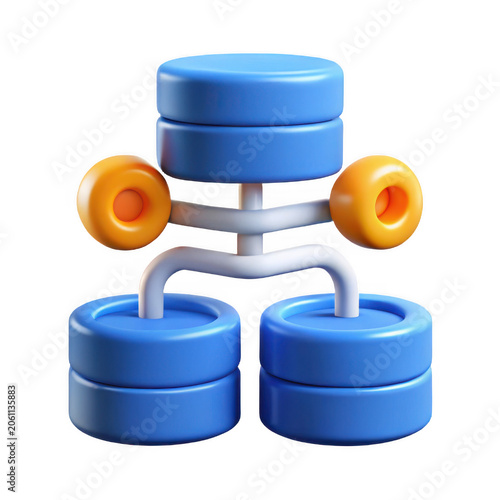 Abstract 3D data structure icon with blue cylinders and orange spheres during bright studio lighting isolated on transparent background