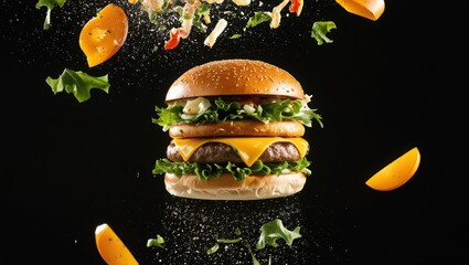 Gourmet Double Beef Burger on Wooden Table with Fresh Ingredients Flying Mid-Air Against Dark Background, Creative Food Explosion Concept