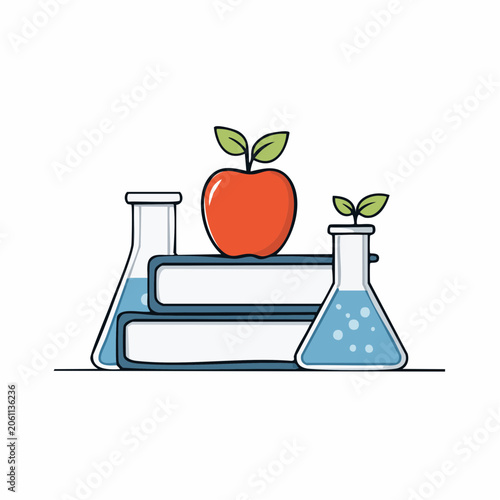 Science Education Concept: Apple, Books, and Flasks