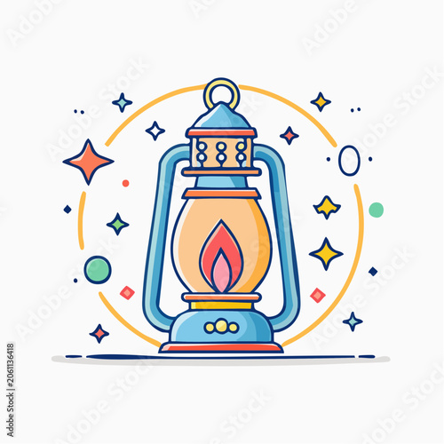 Vintage Lantern with Flame and Stars Illustration