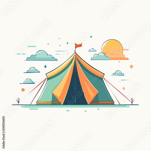 Colorful Tent Illustration with Clouds and Sun