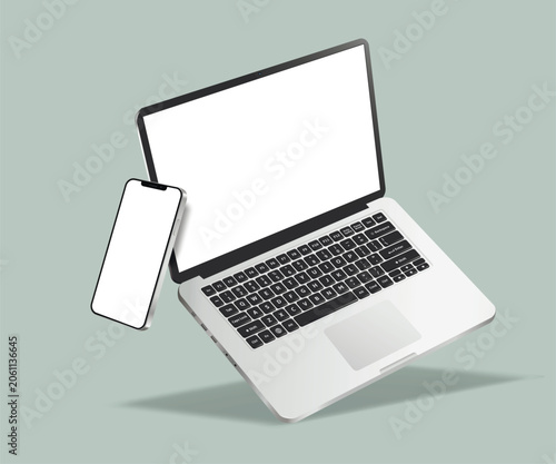 Realistic levitation laptop computer and modern smartphone mockup