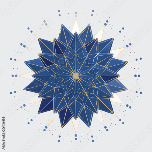 Geometric Blue Starburst Mandala with Gold Accents