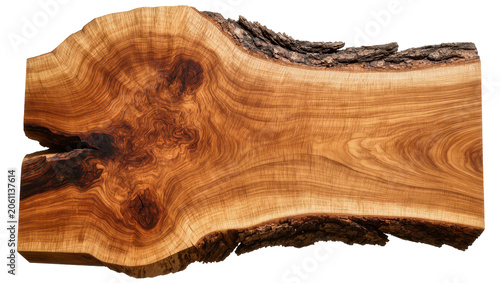 Foto Live edge wood slab with prominent grain patterns and bark
