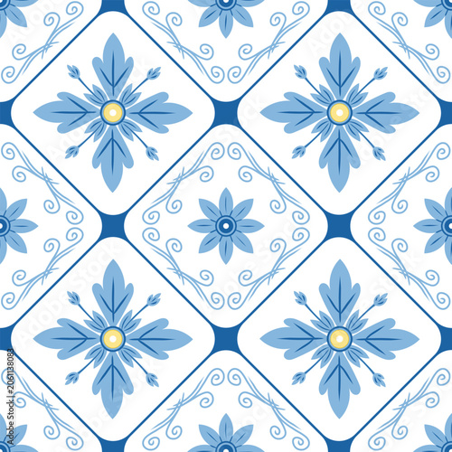 Web Seamless Mediterranean tile pattern featuring blue ceramic majolica ornaments and floral elements.