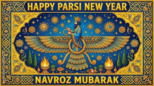 Decorative ornamental frame with illuminated ancient winged symbol and festive lettering proclaiming Happy Parsi New Year Navroz Mubarak creating a culturally rich and celebratory display