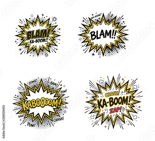 Dynamic comic sound effect explosion bubbles. Vibrant yellow and black starbursts, halftone patterns convey powerful impact and energetic expressions for graphic work