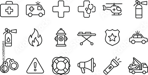 Fotografija Emergency service icons including ambulance, fire truck, and medical symbols