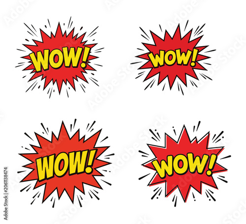 Collection of vibrant comic-style 'WOW!' exclamation speech bubbles, perfect for conveying surprise, excitement, and impactful messages in graphic designs and web interfaces